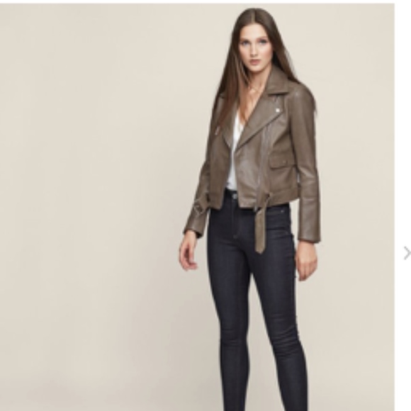 Reiss Kate Leather Biker Moto Jacket Khaki - Picture 2 of 8